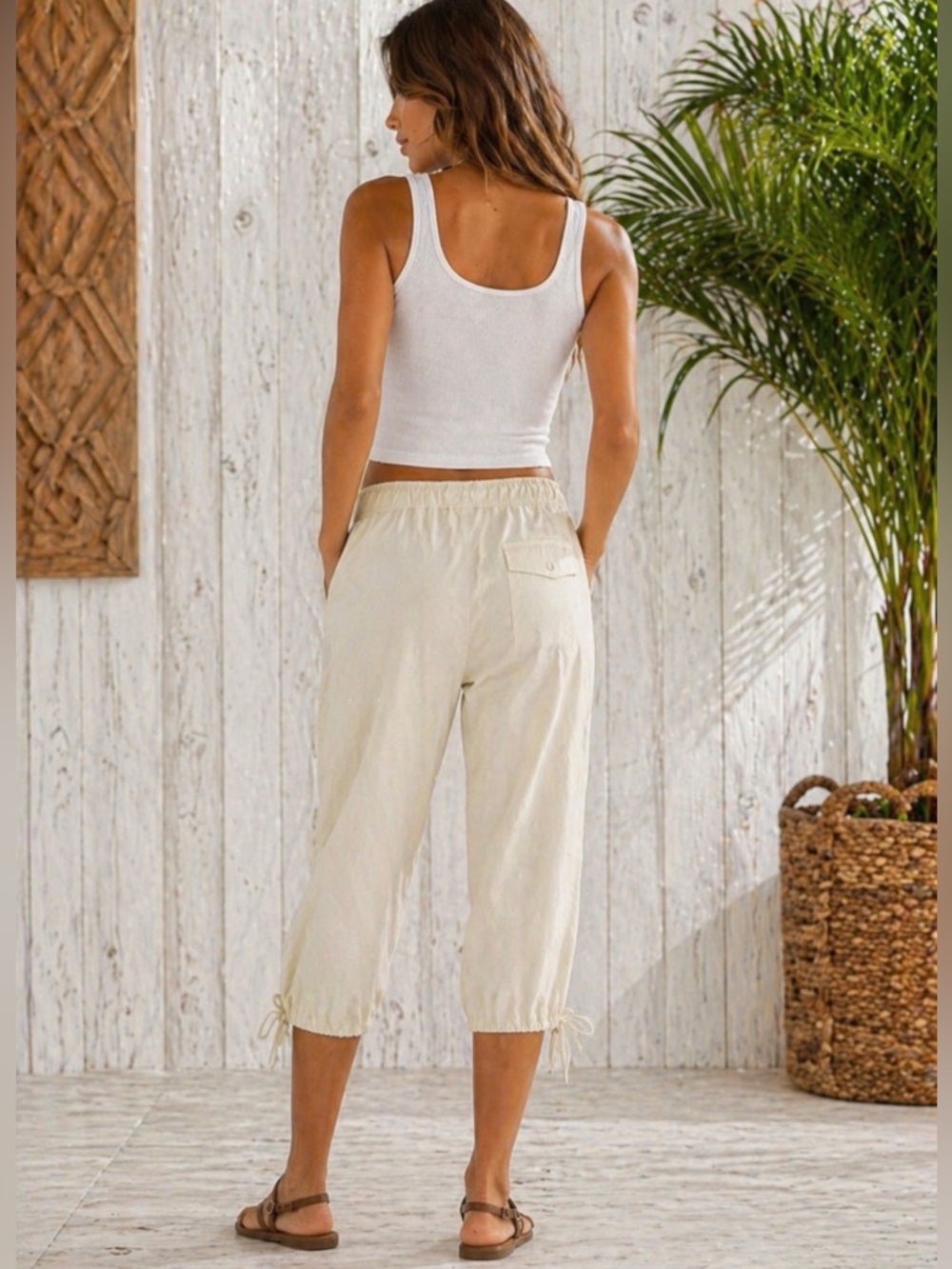 Caribbean Joe Cream Cotton Cargo Capri Pants Drawstring Coastal Beach ~ Size 14 - Picture 3 of 12